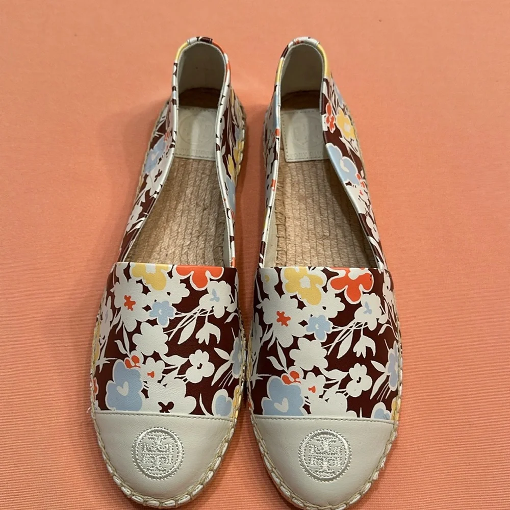 New Tory Burch Hopewell Napa Leather Color Block Espadrille Flat size 8.5.